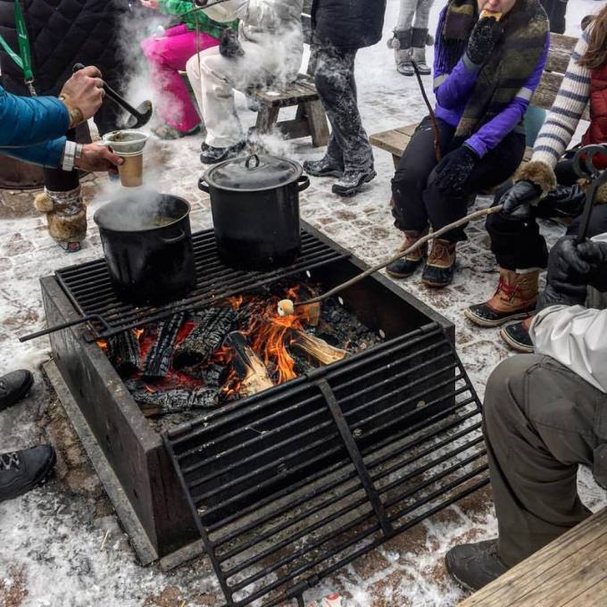 S'mores around the bonfire after yoga on a frozen lake