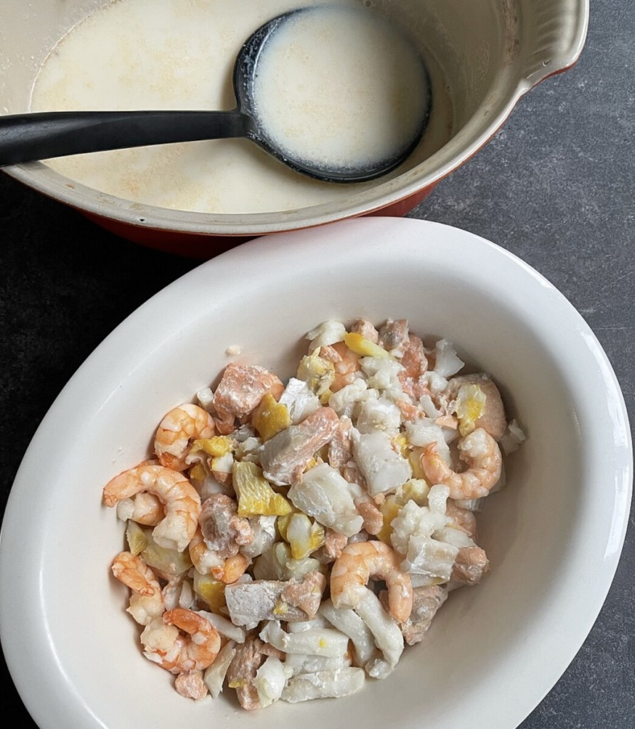 My suggestion for a home-made fish pie mixture is as follows: equal portions of smoked haddock (undyed is better), haddock or hake, and salmon with prawns or even cold water shrimp.
If you decide to omit the eggs to the pie, add an extra 50g to 100g of fish and prawns, or even some fresh (or defrosted fozen) garden peas.