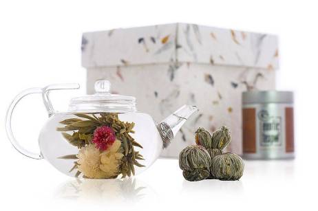 Lotus Glass Teapot with metal strainer and a sampler tin of 5 different Flowering teas.