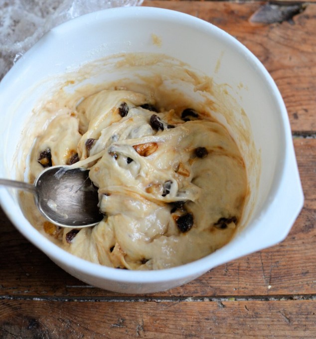 Stir to make a stiff dough and then add the milk gradually until you have a thick pancake batter.